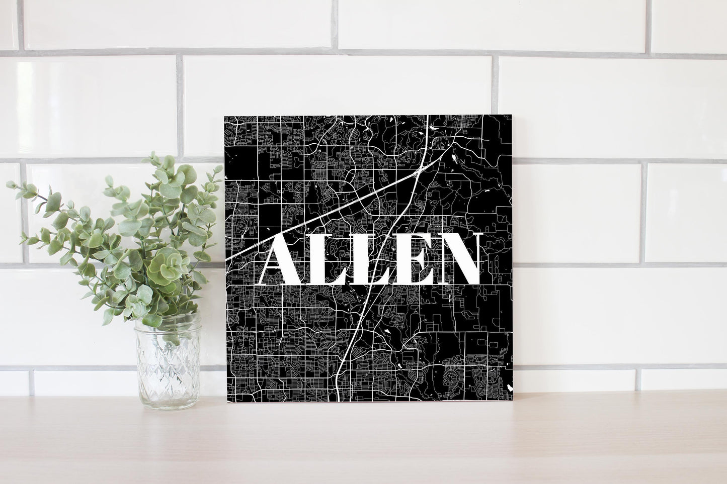 Minimalistic B&W Texas Allen Map | Wood Sign | Eaches | Min 2