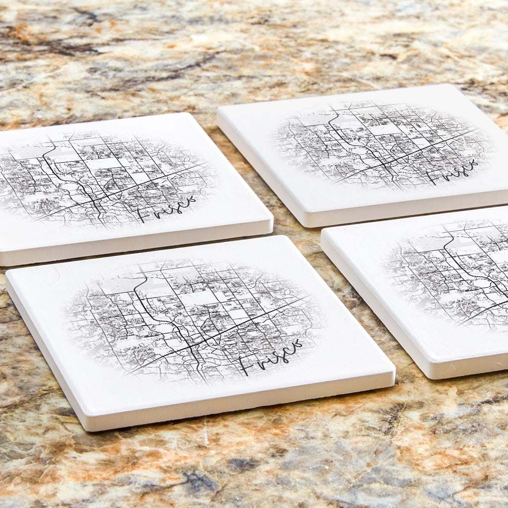 Minimalistic B&W Texas Frisco Circle Map | Absorbent Coasters | Set of 4 | Min 2