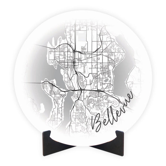 Minimalistic B&W Washington Bellevue Circle Map | Wood Sign | Eaches | Min 1