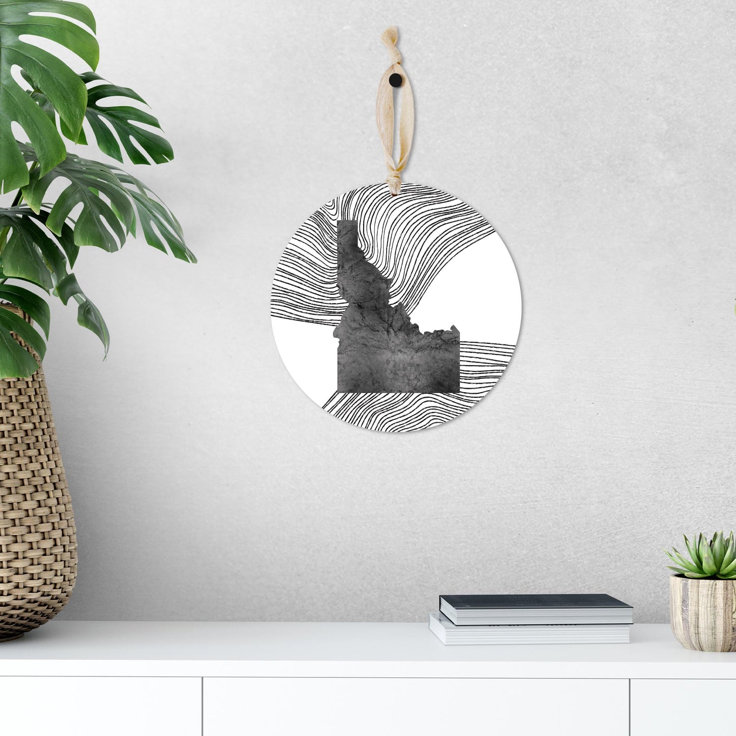 Minimalist B&W Idaho State With Fluid Lines | Wood Ornament | Eaches | Min 1