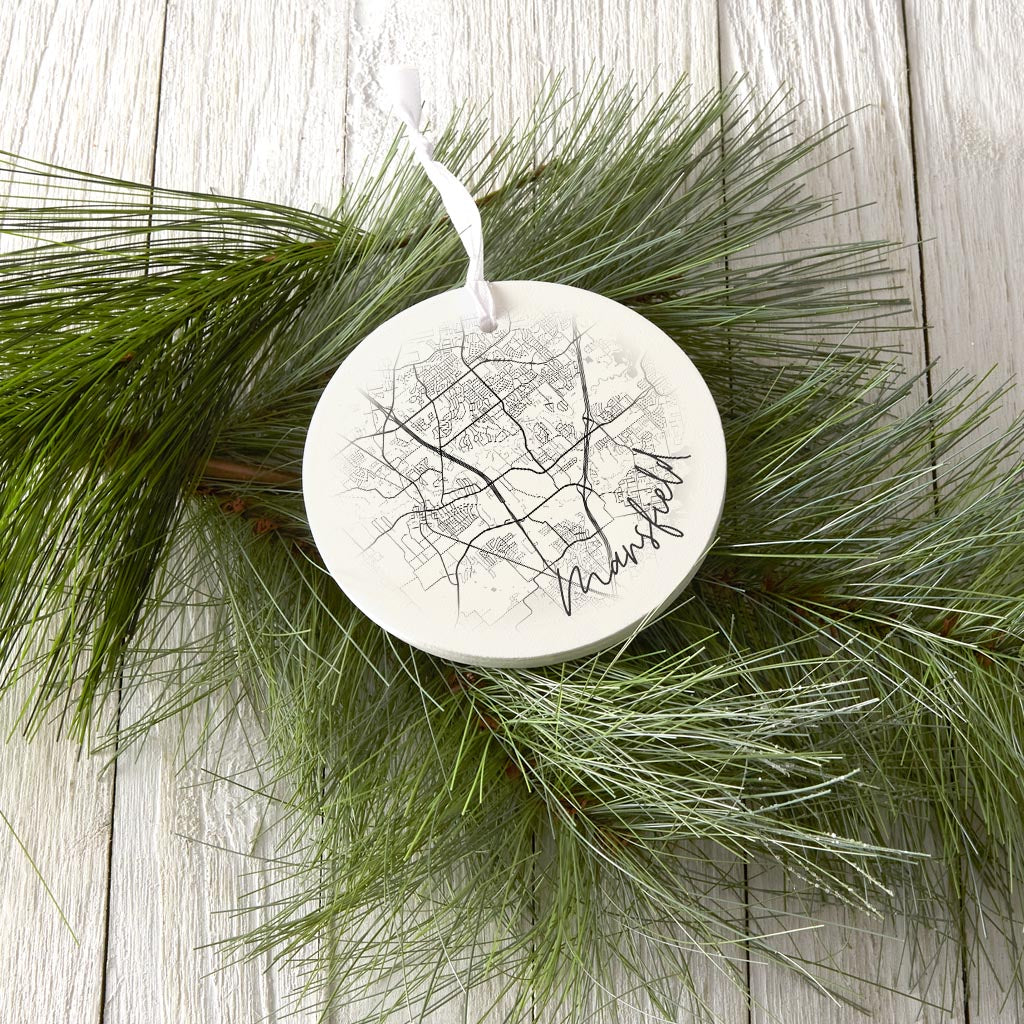 Minimalistic B&W Texas Mansfield Circle Map | Wood Ornament | Eaches | Min 6