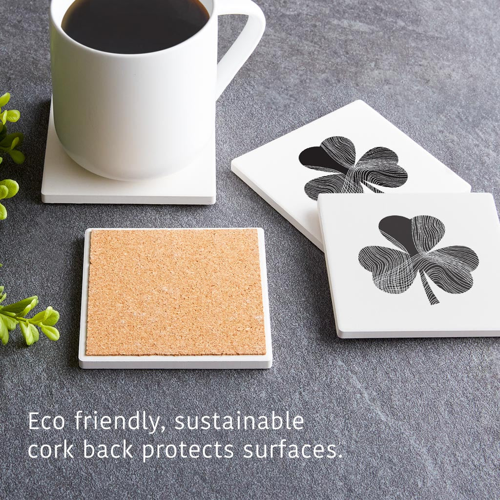 Minimalistic B&W Shamrock Shape Fluid Lines | Absorbent Coasters | Set of 4 | Min 2