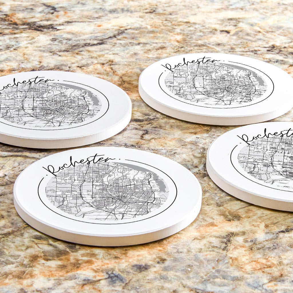 Minimalistic B&W New York Rochester Circle Map | Absorbent Coasters | Set of 4 | Min 2