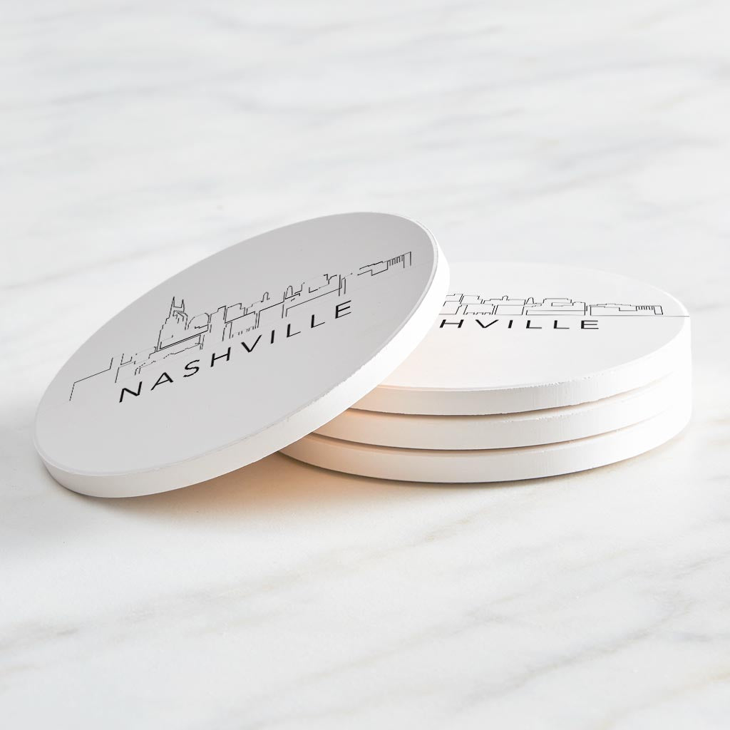 Minimalist B&W Tennessee Nashville Skyline | Absorbent Coasters | Set of 4 | Min 2