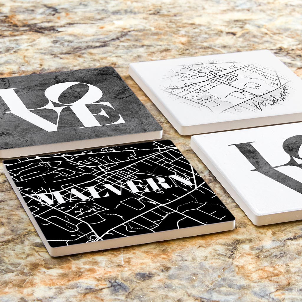 Minimalistic B&W Pennsylvania Malvern Maps Love | Absorbent Coasters | Set of 4 | Min 2