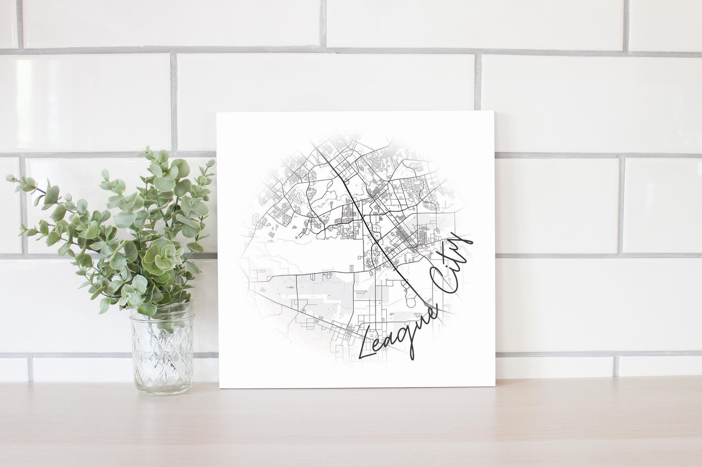 Minimalistic B&W Texas League City Circle Map | Wood Sign | Eaches | Min 2