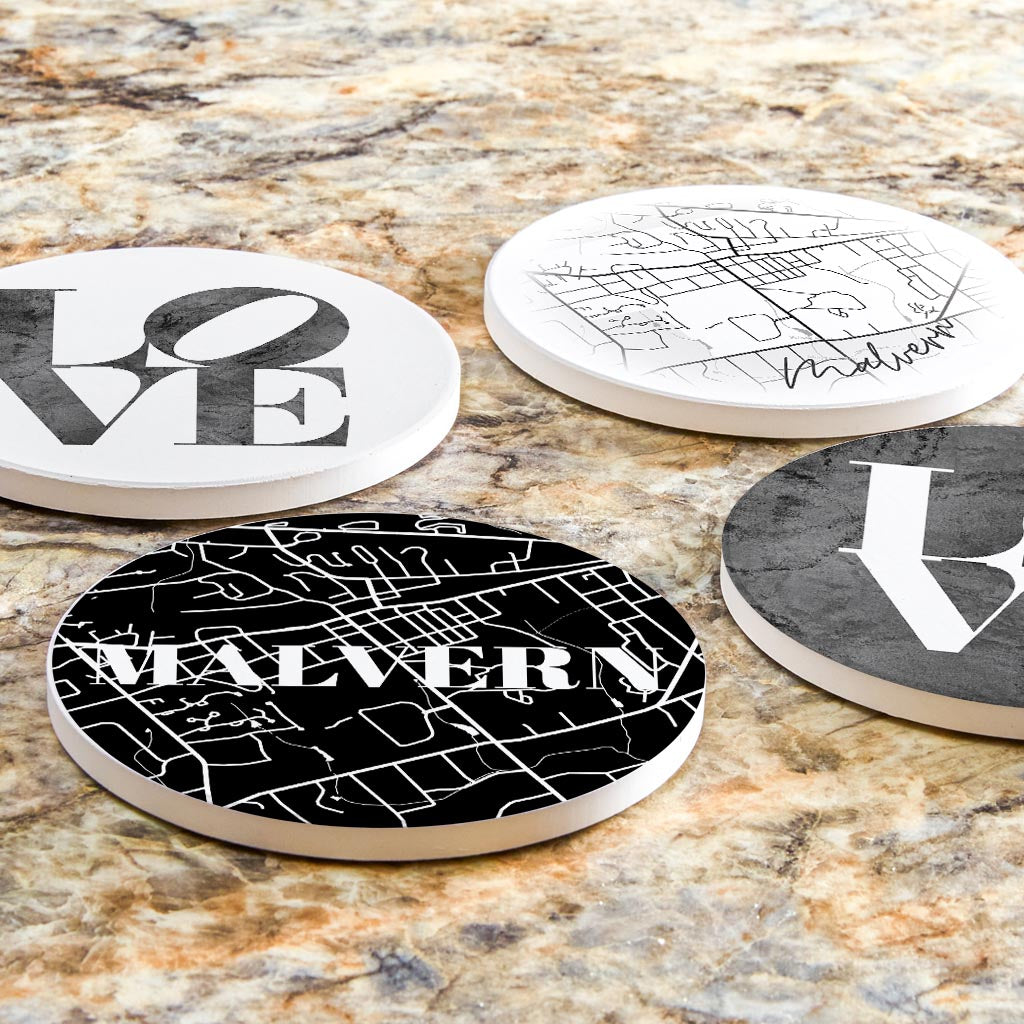 Minimalistic B&W Pennsylvania Malvern Maps Love| Absorbent Coasters | Set of 4 | Min 2