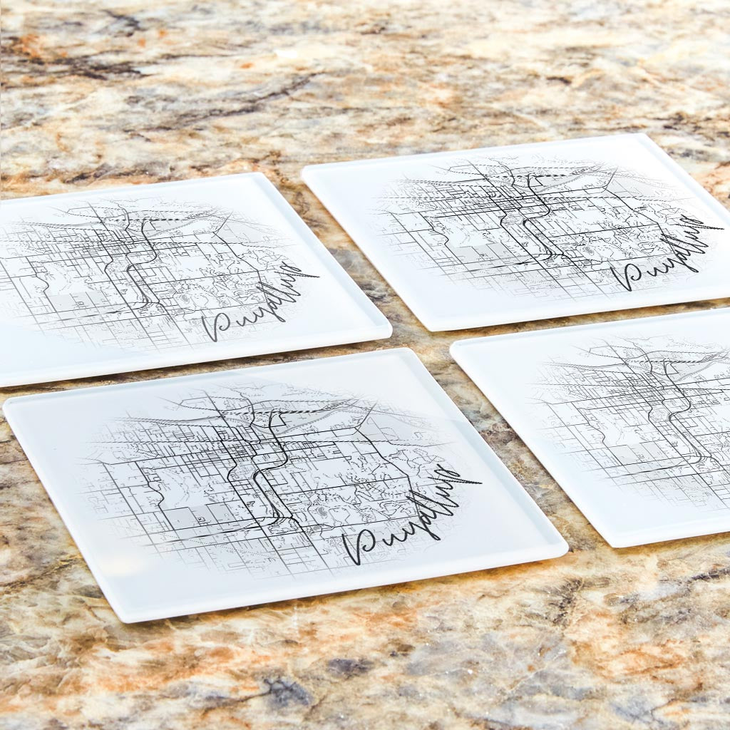 Minimalistic B&W Washington Puyallup Circle Map | Hi-Def Glass Coasters | Set of 4 | Min 2