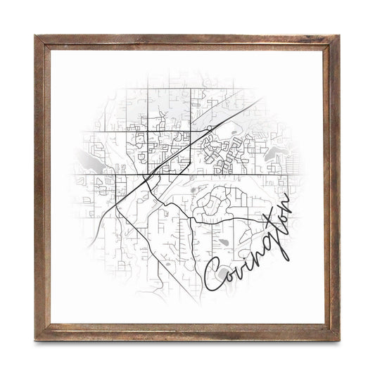 Minimalistic B&W Washington Covington Circle Map | Wood Sign | Eaches | Min 1