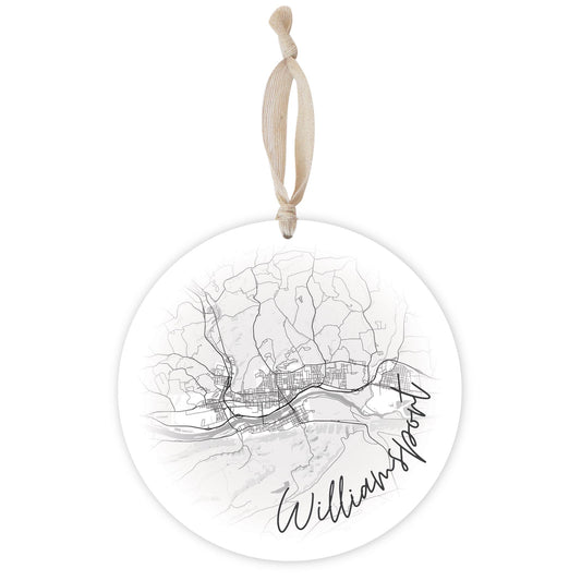 Minimalistic B&W Pennsylvania Williamsport Circle Map | Wood Ornament | Eaches | Min 1