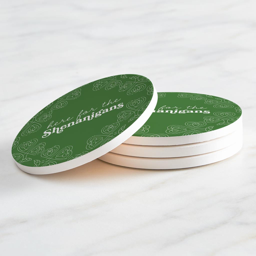 Dark Green Shamrock Here For The Shenanigans | Absorbent Coasters | Set of 4 | Min 2