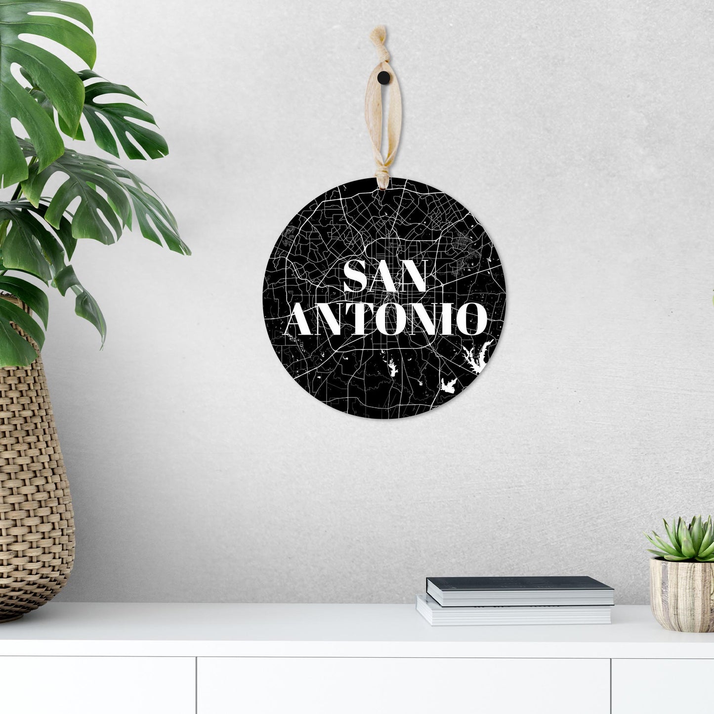 Minimalistic B&W Texas San Antonio Map | Wood Ornament | Eaches | Min 1