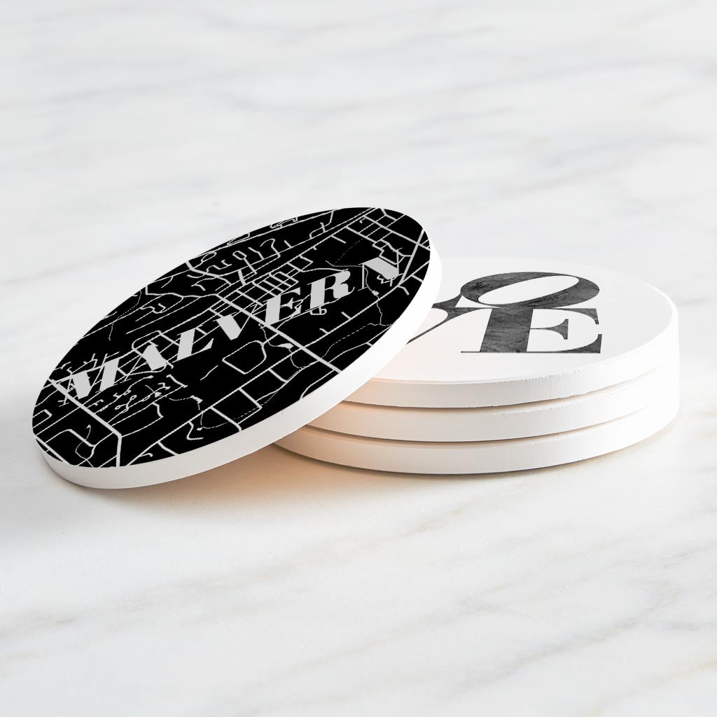 Minimalistic B&W Pennsylvania Malvern Maps Love| Absorbent Coasters | Set of 4 | Min 2