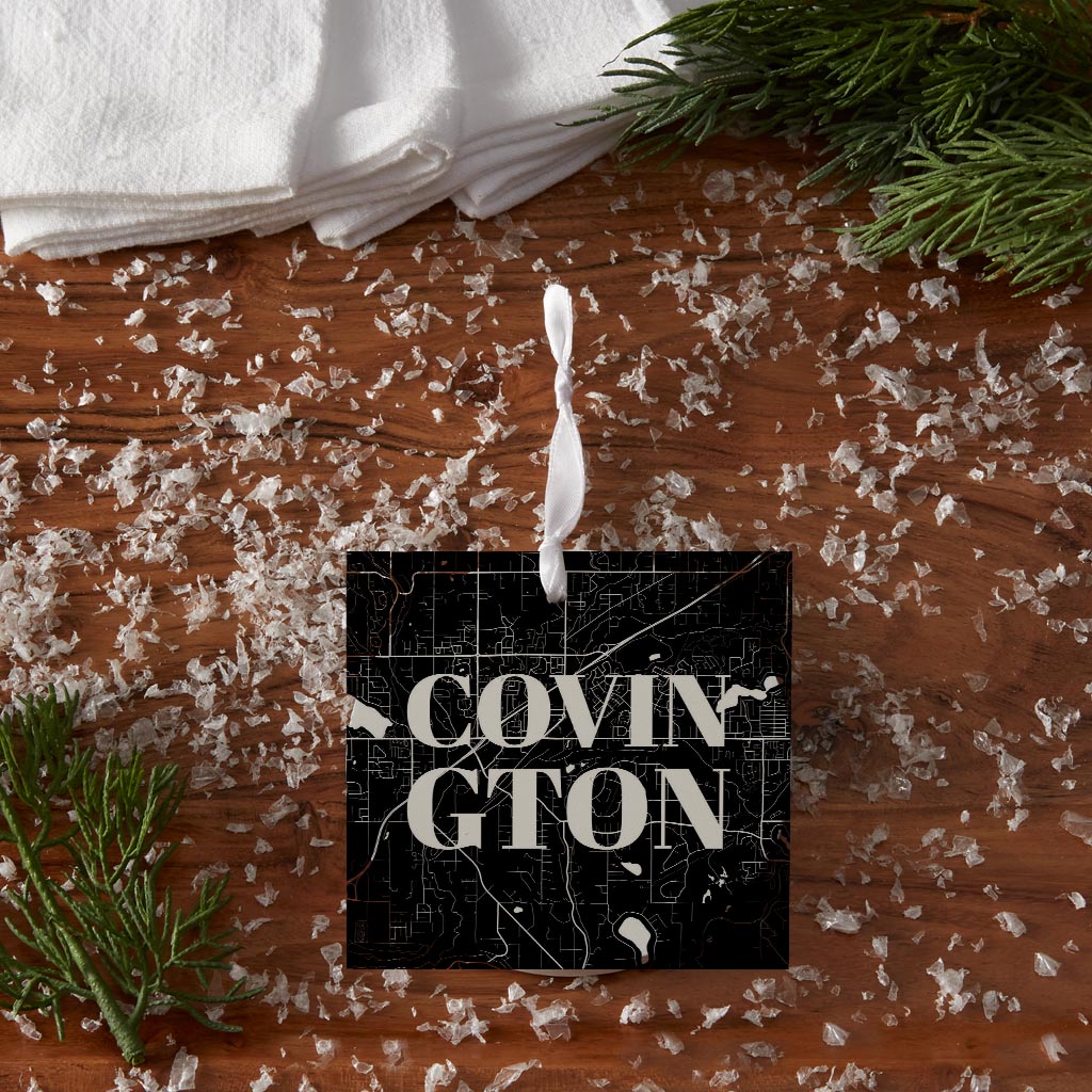 Minimalistic B&W Washington Covington Map | Wood Ornament | Eaches | Min 6