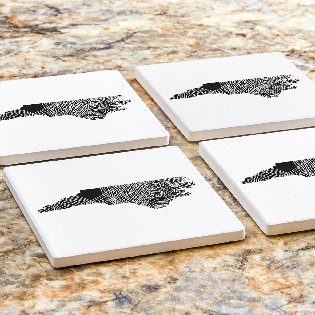 Minimalistic B&W North Carolina State Black With Fluid Lines | Absorbent Coasters | Set of 4 | Min 2