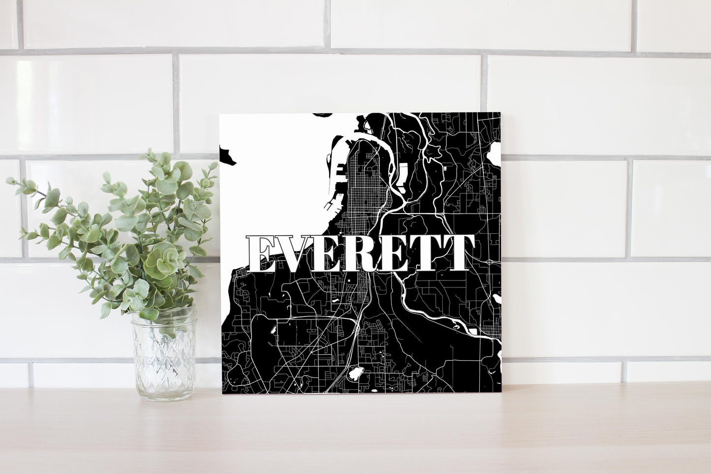 Minimalistic B&W Washington Everett Map | Wood Sign | Eaches | Min 2