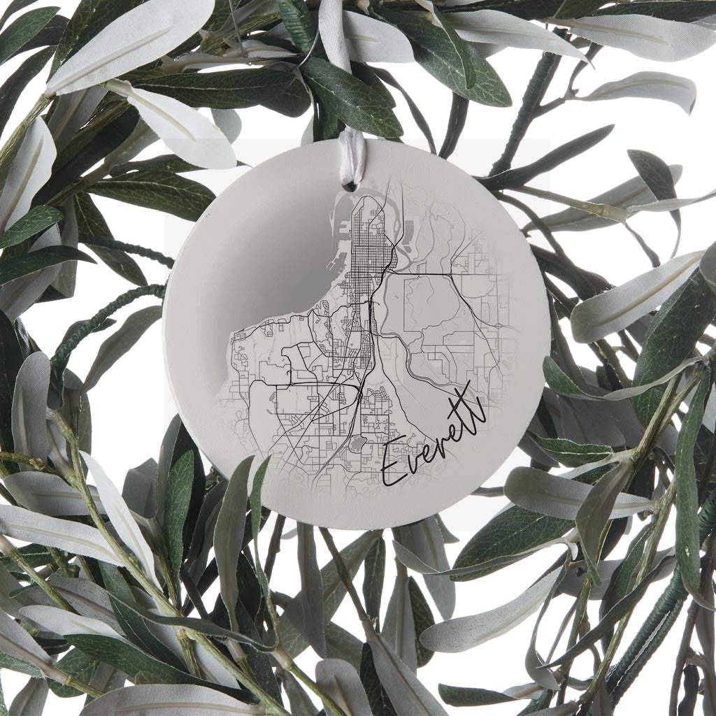 Minimalistic B&W Washington Everett Circle Map | Wood Ornament | Eaches | Min 6