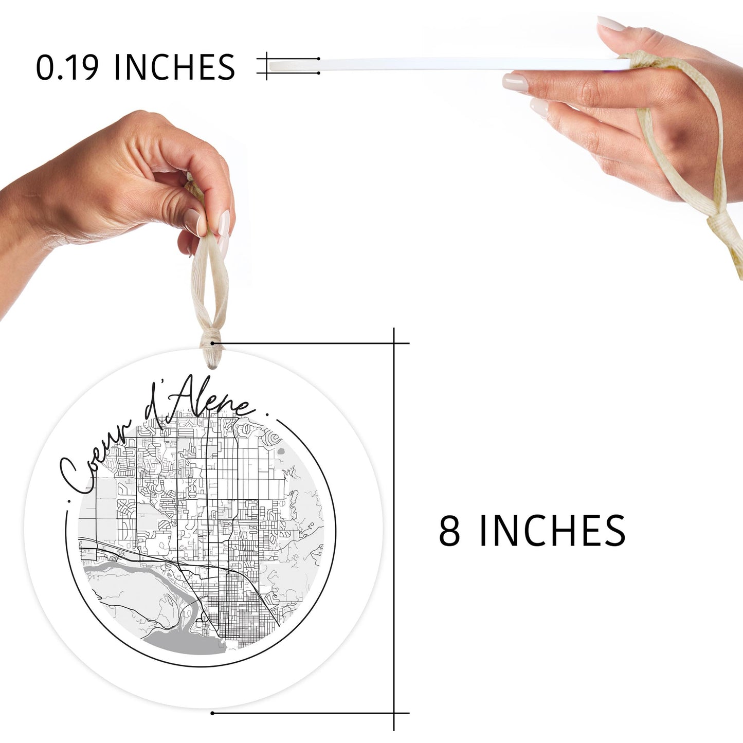 Minimalist B&W Idaho Coeur Dalene Circle Map | Wood Ornament | Eaches | Min 1