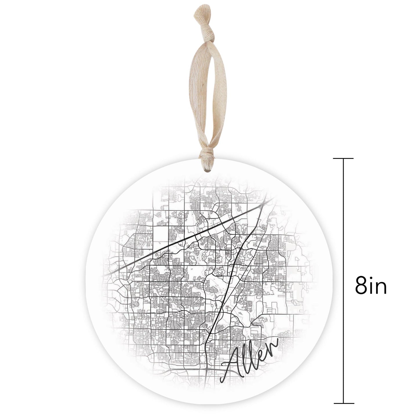 Minimalistic B&W Texas Allen Circle Map | Wood Ornament | Eaches | Min 1