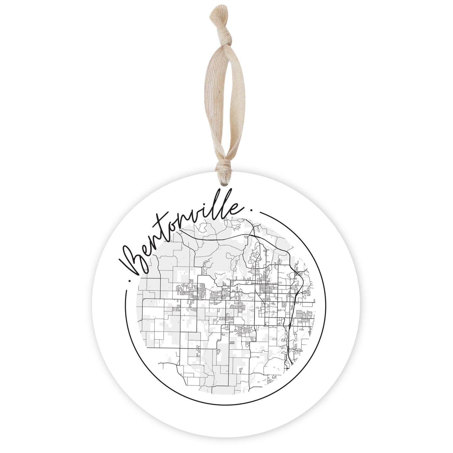 Minimalist B&W Arkansas Bentonville Circle Map | Wood Ornament | Eaches | Min 1