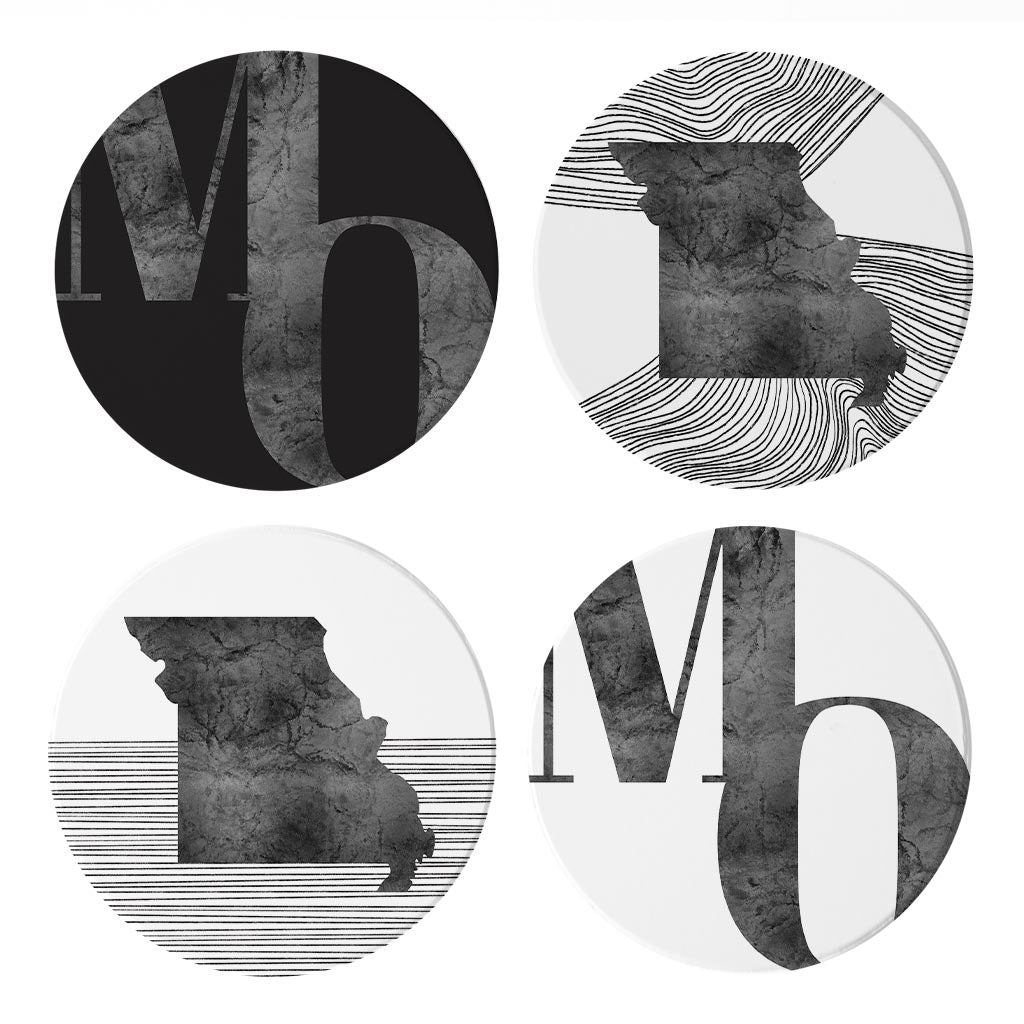 Minimalist B&W Missouri Initials State Shapes | Absorbent Coasters | Set of 4 | Min 2