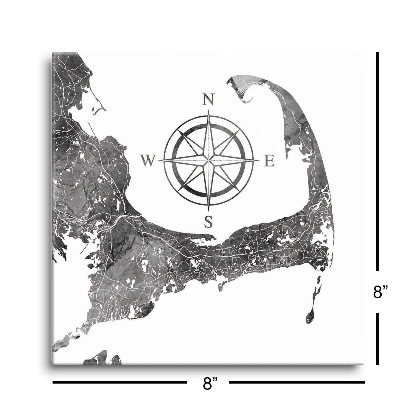 Minimalistic B&W Cape Cod Map With Compass | Hi-Def Glass Art | Eaches | Min 2