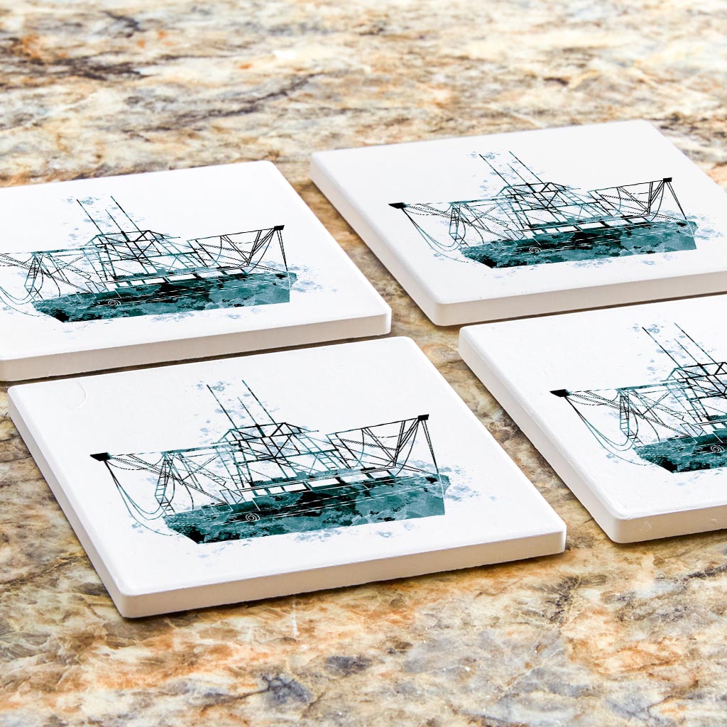 Blue White Water Color Shrimp Boat| Absorbent Coasters | Set of 4 | Min 2