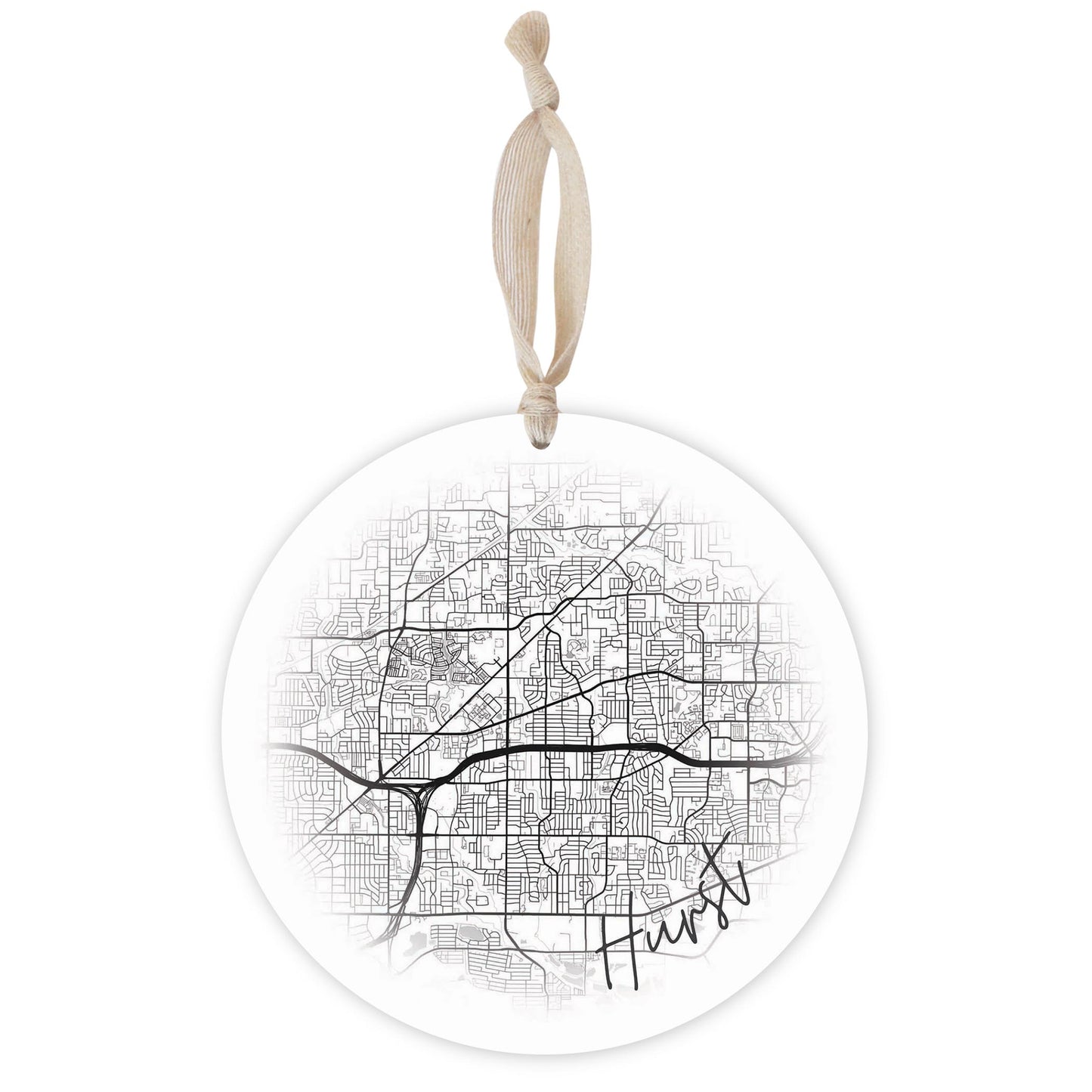 Minimalistic B&W Texas Hurst Circle Map | Wood Ornament | Eaches | Min 1