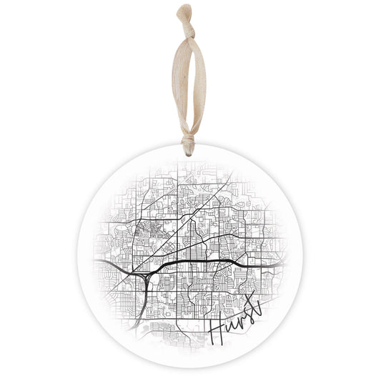 Minimalistic B&W Texas Hurst Circle Map | Wood Ornament | Eaches | Min 1