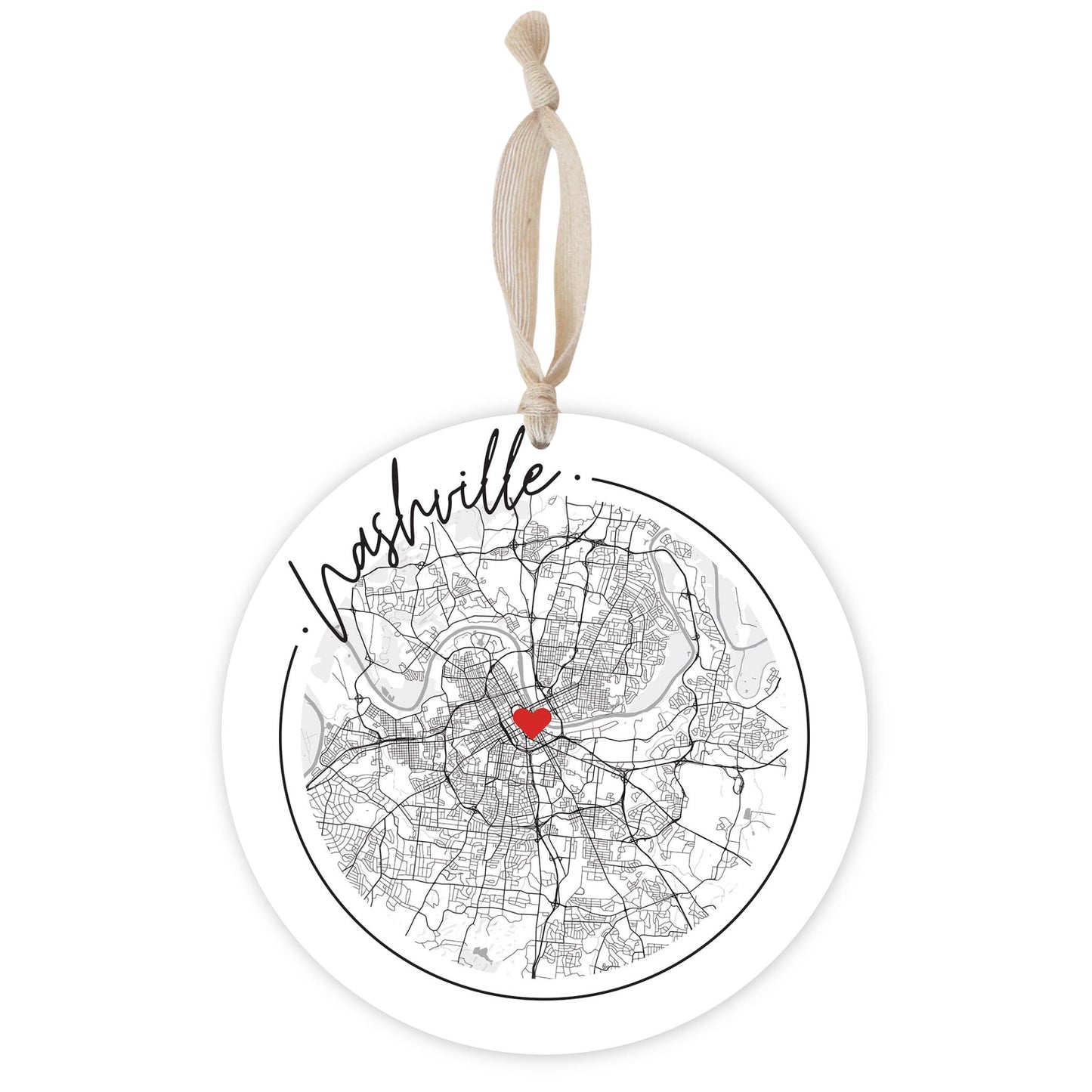 Minimalist B&W Tennessee Nashville Circle Map Heart | Wood Ornament | Eaches | Min 1