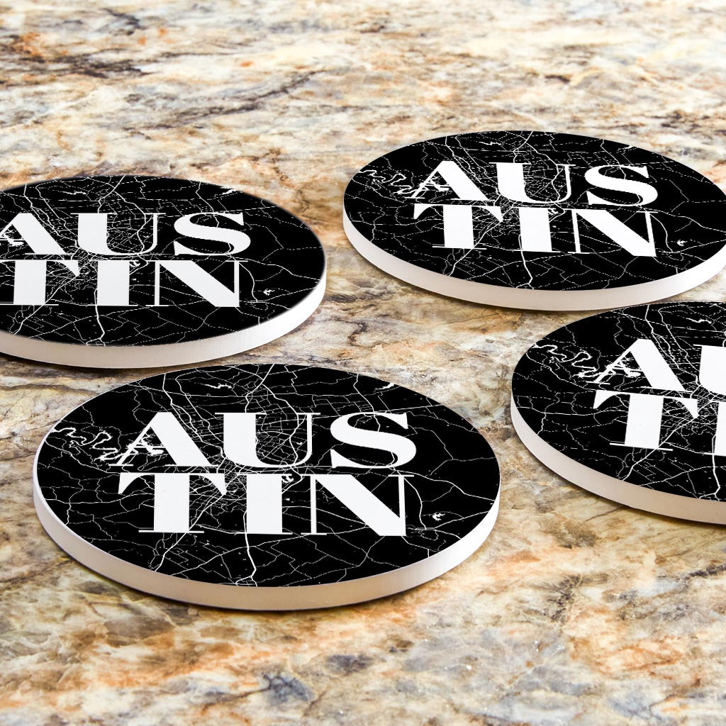 Modern Black Austin Map | Absorbent Coasters | Set of 4 | Min 2