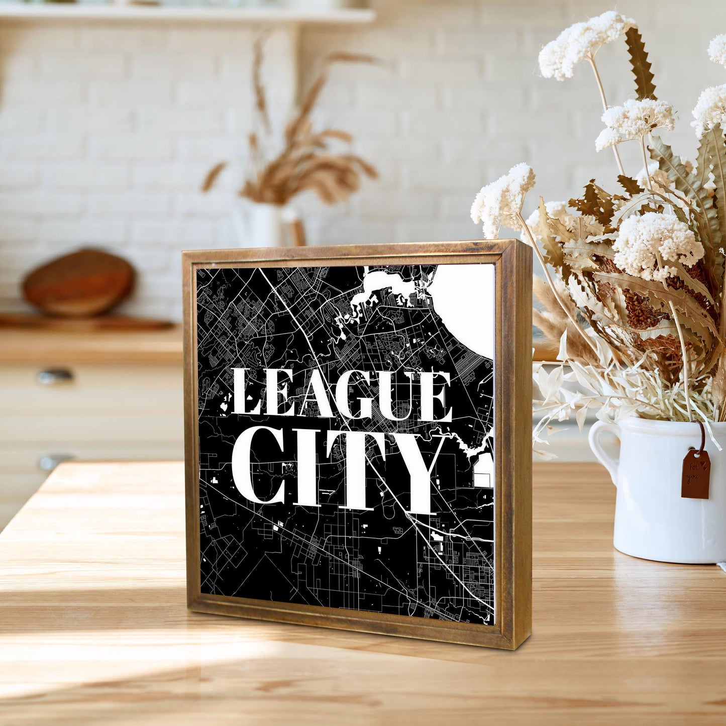 Minimalistic B&W Texas League City Map | Wood Sign | Eaches | Min 1