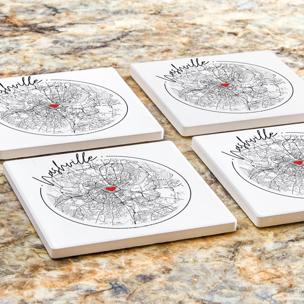 Minimalist B&W Tennessee Nashville Circle Map Heart | Absorbent Coasters | Set of 4 | Min 2