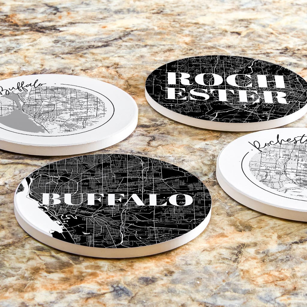 Minimalistic B&W New York Rochester Buffalo Maps| Absorbent Coasters | Set of 4 | Min 2