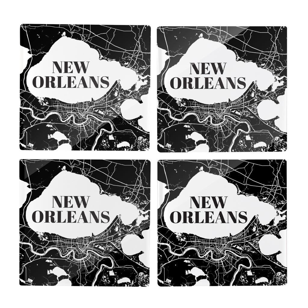 Modern Louisiana New Orleans Map | Hi-Def Glass Coasters | Set of 4 | Min 2