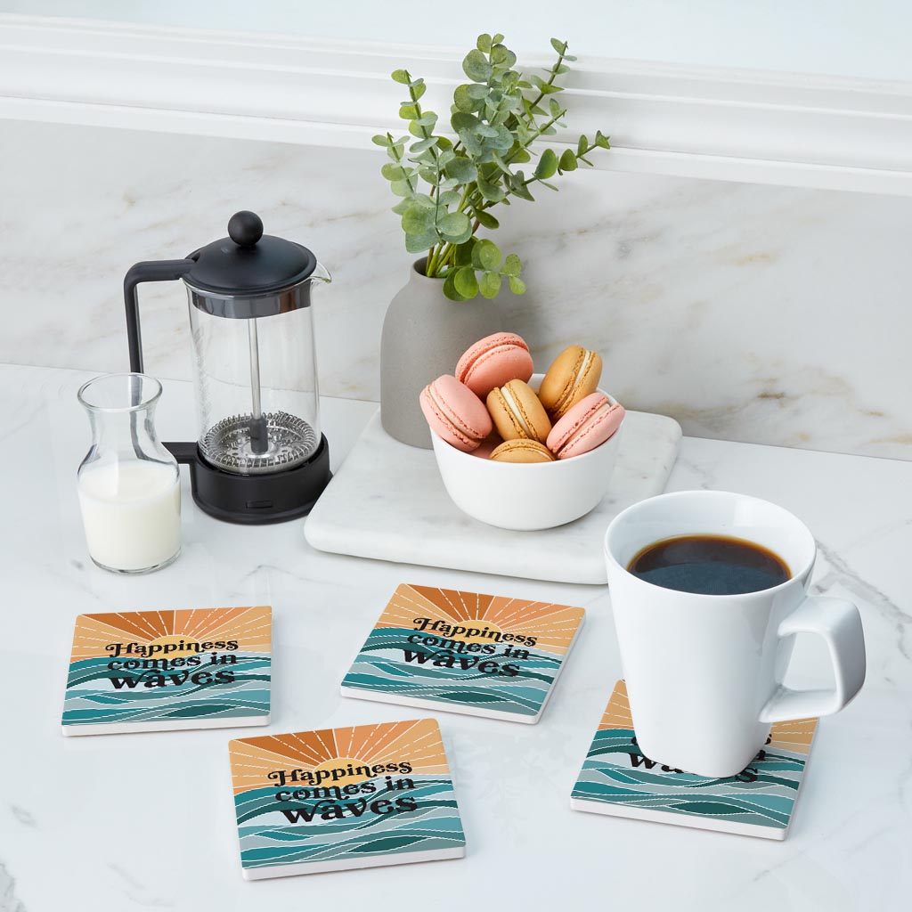 Happiness Comes In Waves | Absorbent Coasters | Set of 4 | Min 2