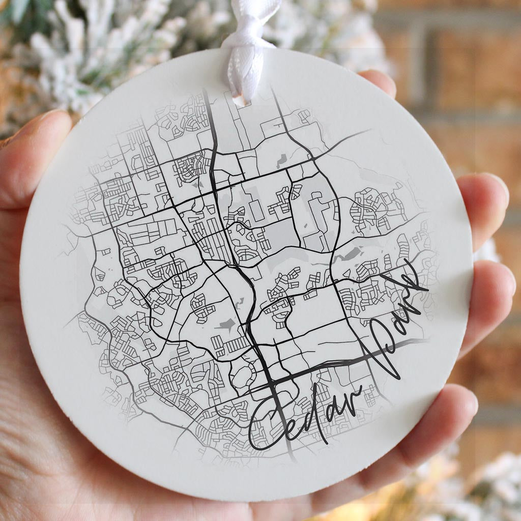 Minimalistic B&W Texas Cedar Park Circle Map | Wood Ornament | Eaches | Min 6