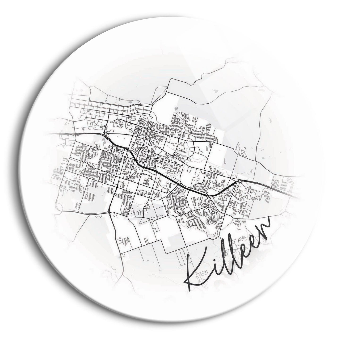Minimalistic B&W Texas Killeen Circle Map | Hi-Def Glass Art | Eaches | Min 1