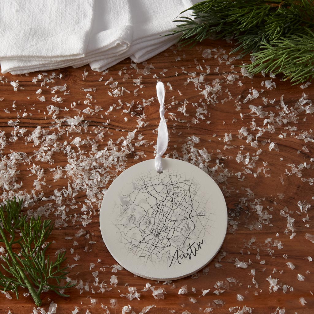 Minimalistic B&W Texas Austin Circle Map | Wood Ornament | Eaches | Min 6