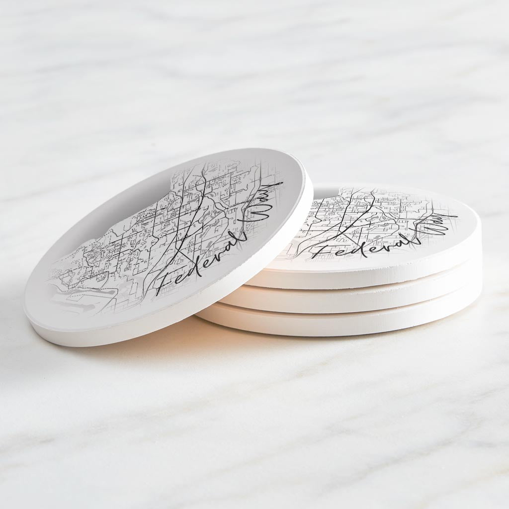 Minimalistic B&W Washington Federal Way Circle Map | Absorbent Coasters | Set of 4 | Min 2