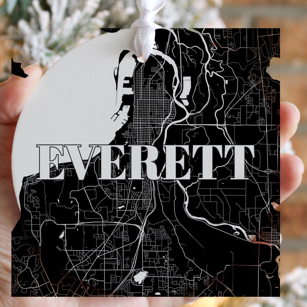 Minimalistic B&W Washington Everett Map | Wood Ornament | Eaches | Min 6