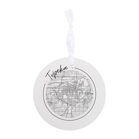 Minimalist B&W Kansas Topeka Circle Map | Wood Ornament | Eaches | Min 6