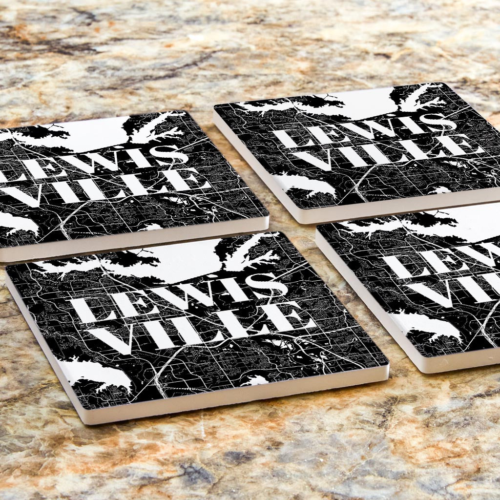 Minimalistic B&W Texas Lewisville Map| Absorbent Coasters | Set of 4 | Min 2