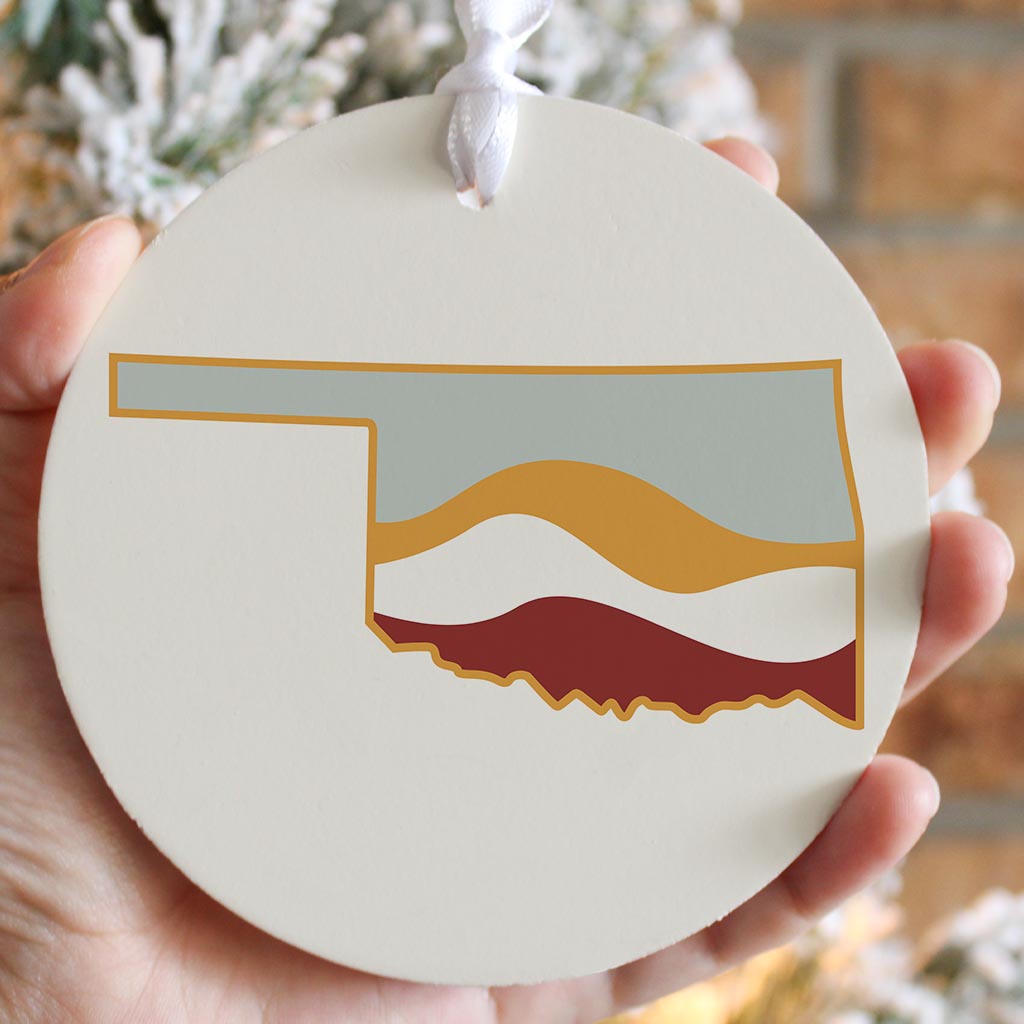 Modern Minimalist Oklahoma Cream Retro State Shape With Hills| Wood Ornament | Eaches | Min 6