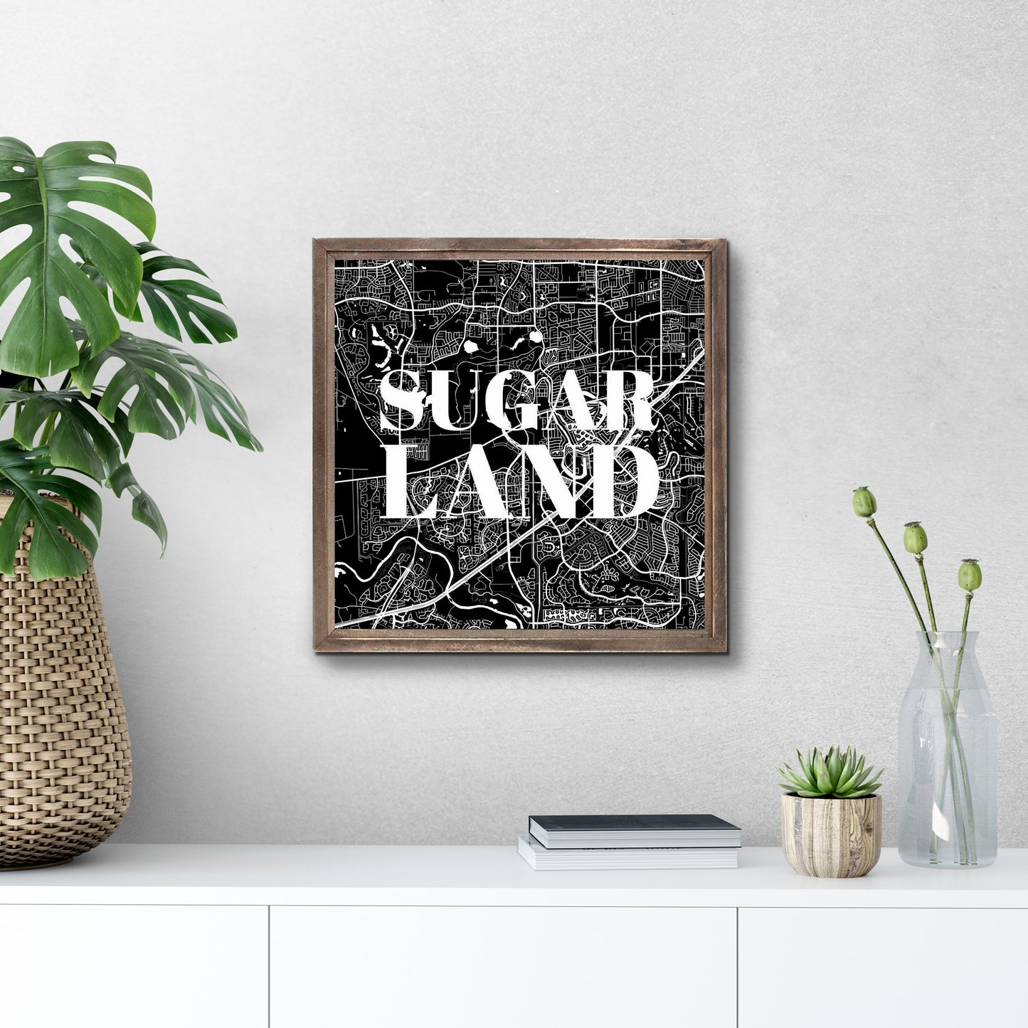 Minimalistic B&W Texas Sugarland Map | Wood Sign | Eaches | Min 1