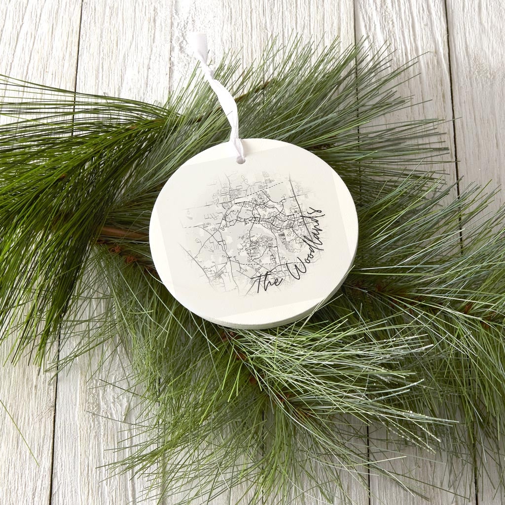 Minimalistic B&W Texas The Woodlands Circle Map | Wood Ornament | Eaches | Min 6