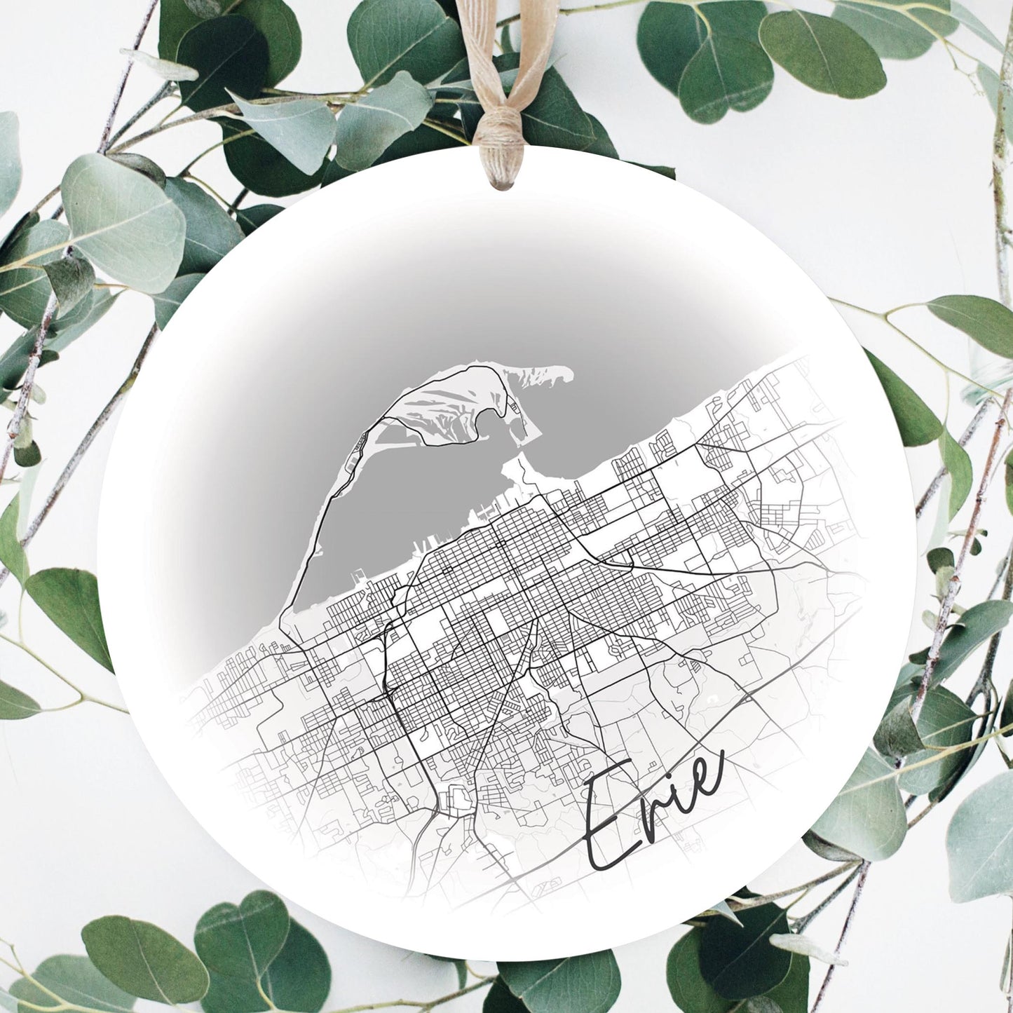 Minimalistic B&W Pennsylvania Erie Circle Map | Wood Ornament | Eaches | Min 1