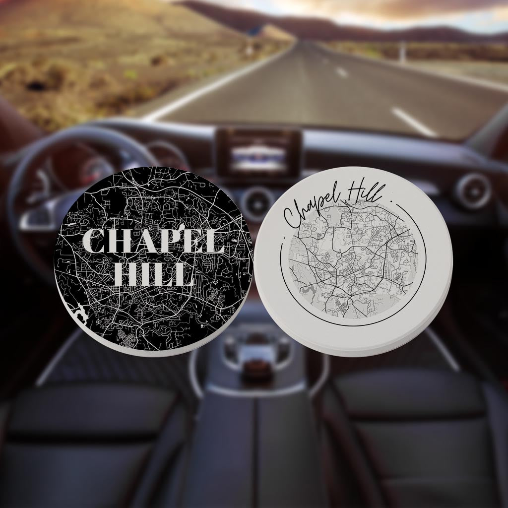 Minimalistic B&W North Carolina Chapel Hill Maps | Absorbent Car Coasters | Set of 2 | Min 4