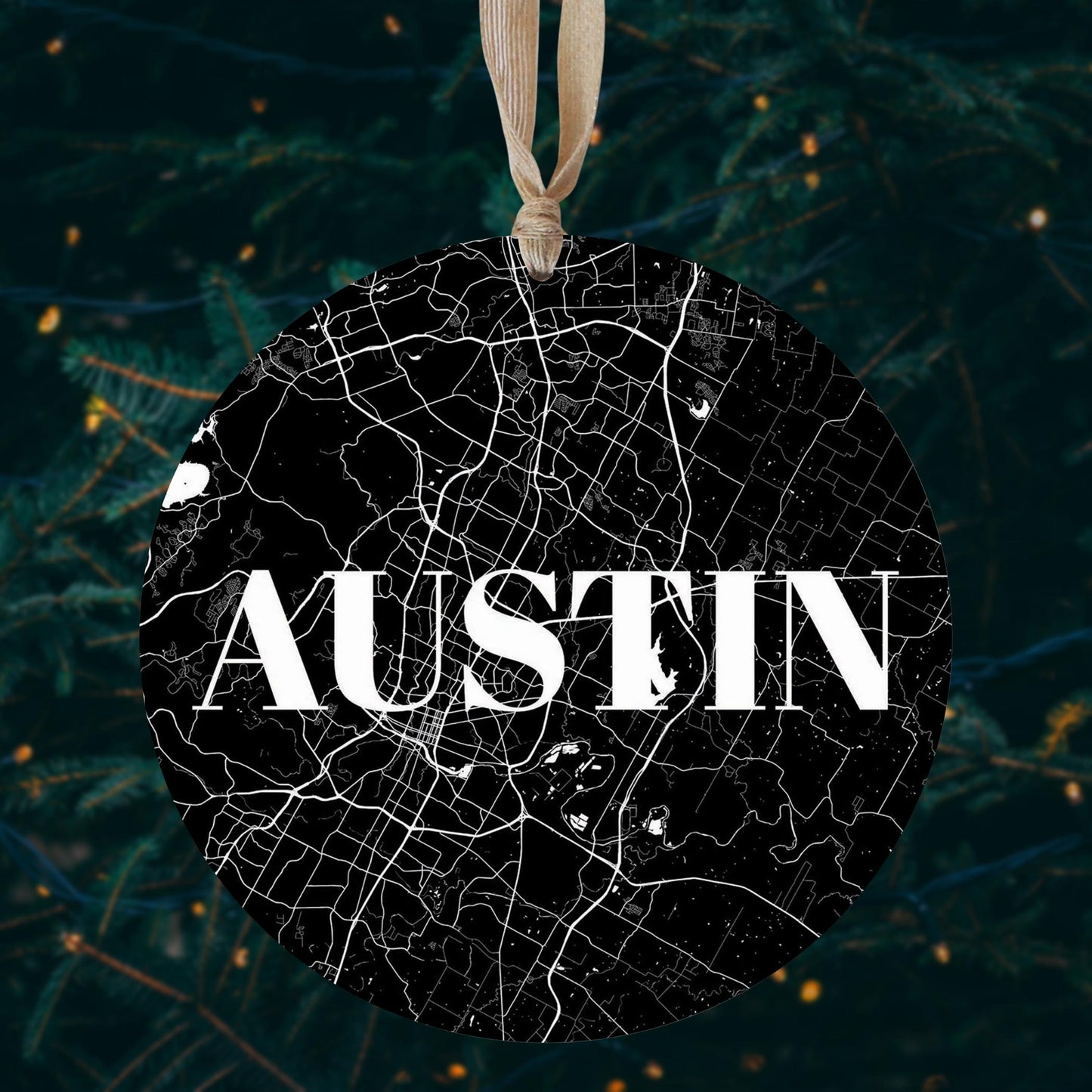 Minimalistic B&W Texas Austin Map | Wood Ornament | Eaches | Min 1