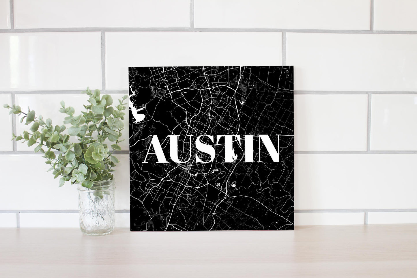 Minimalistic B&W Texas Austin Map | Wood Sign | Eaches | Min 2